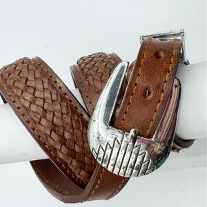 Vintage braided brown leather western southwest boho belt silver plated buckle
